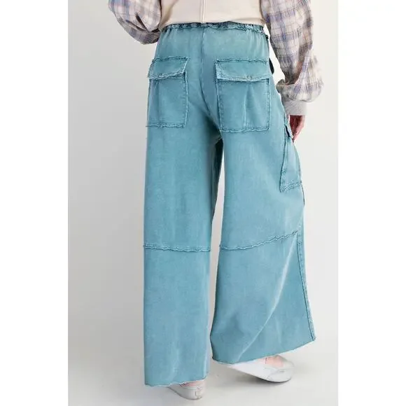 "Durango" French Terry Cargo Wide Leg Pants in Teal Blue - Picture 5 of 5